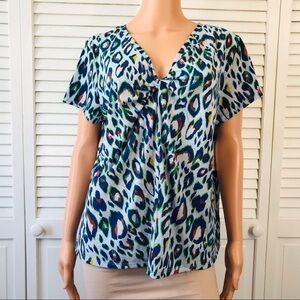 NINE WEST Blue Animal Print Stretch V-Neck Short Sleeve Top Size Extra Large